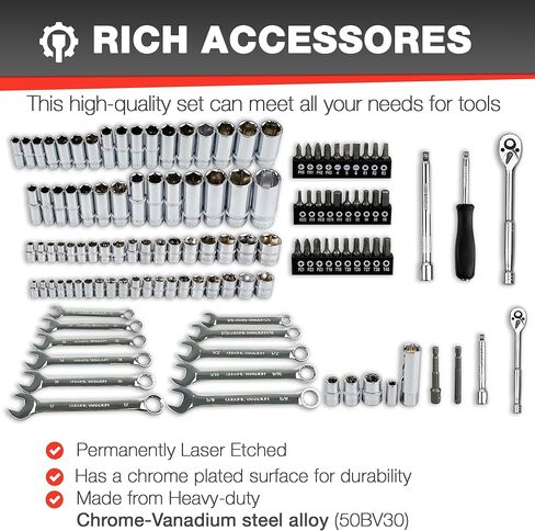 46pcs 3/8" Socket Set, Drive Impact Socket Set, SAE/Metric, Deep & Shallow, Cr-V Steel, 6 Point and 12 Point Sockets with 72-Teeth Reversible Ratchet in Kuwait