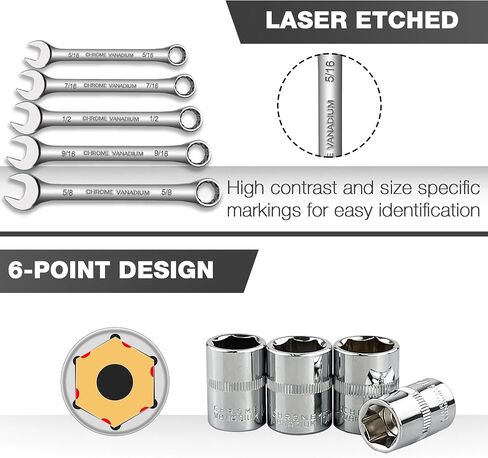 46pcs 3/8" Socket Set, Drive Impact Socket Set, SAE/Metric, Deep & Shallow, Cr-V Steel, 6 Point and 12 Point Sockets with 72-Teeth Reversible Ratchet in Kuwait