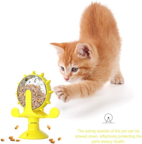 iplusmile Interactive Cat Treats Dispenser Toy, 360 Degree Rotating Windmill Toys Fun Pet Puzzle Cat Feeder Toy for Small Pets, Exercise Wheel Feeder Toy with Suction Cup, Blue in Kuwait