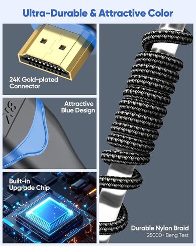 HDMI Cable 15 FT 8K, Long HDMI 2.1 Cable 15 Foot Ultra High Speed HDMI Braided Cord(48Gbps, 8K@60Hz, 4K@120Hz, 2K, eARC, HDCP 2.3, Dynamic HDR) for HDTV, PS5, SoundBar, Monitor, Projector in Saudi Arabia