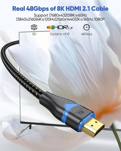 HDMI Cable 15 FT 8K, Long HDMI 2.1 Cable 15 Foot Ultra High Speed HDMI Braided Cord(48Gbps, 8K@60Hz, 4K@120Hz, 2K, eARC, HDCP 2.3, Dynamic HDR) for HDTV, PS5, SoundBar, Monitor, Projector in Saudi Arabia
