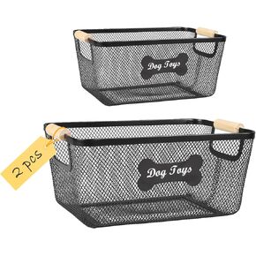 2 pack Dog Toys Basket,Metal Basket with Wooden Handles for Dog Toys,Mesh Wire Dog Toy Bin Set,Dog Stuff Organization & Storage,Ideal for Dog Collar,Blanket,Toys,Ropes,Snacks-Black