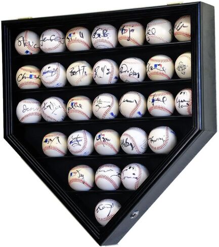 30 Baseball Ball Display Case Cabinet Holder Rack Home Plate Shaped w/98% UV Protection- Lockable -Oak in Kuwait