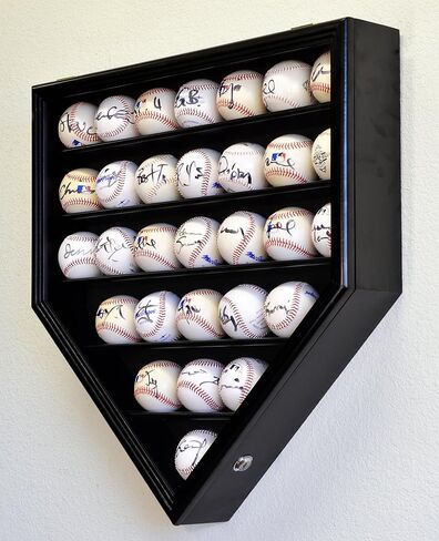 30 Baseball Ball Display Case Cabinet Holder Rack Home Plate Shaped w/98% UV Protection- Lockable -Oak in Kuwait