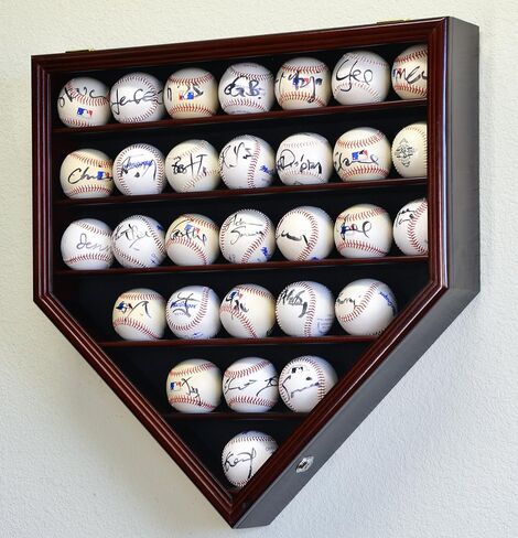 30 Baseball Ball Display Case Cabinet Holder Rack Home Plate Shaped w/98% UV Protection- Lockable -Oak in Kuwait
