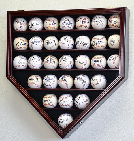 30 Baseball Ball Display Case Cabinet Holder Rack Home Plate Shaped w/98% UV Protection- Lockable -Oak in Kuwait