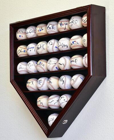 30 Baseball Ball Display Case Cabinet Holder Rack Home Plate Shaped w/98% UV Protection- Lockable -Oak in Kuwait