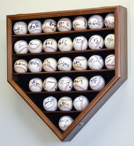 30 Baseball Ball Display Case Cabinet Holder Rack Home Plate Shaped w/98% UV Protection- Lockable -Oak in Kuwait
