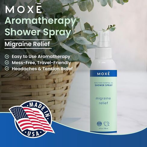 MOXE Migraine Relief Aromatherapy Shower Spray, Essential Oils for Headaches & Tension Relief, Natural 100% Essential Oils, Pure & Undiluted, Peppermint, Spearmint, Eucalyptus, Tea Tree, Made in USA in Kuwait