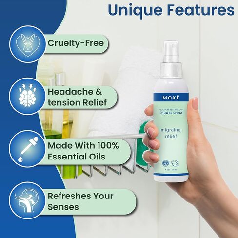 MOXE Migraine Relief Aromatherapy Shower Spray, Essential Oils for Headaches & Tension Relief, Natural 100% Essential Oils, Pure & Undiluted, Peppermint, Spearmint, Eucalyptus, Tea Tree, Made in USA in Kuwait