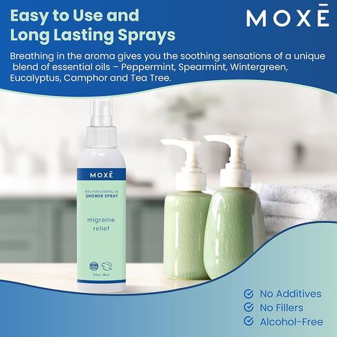 MOXE Migraine Relief Aromatherapy Shower Spray, Essential Oils for Headaches & Tension Relief, Natural 100% Essential Oils, Pure & Undiluted, Peppermint, Spearmint, Eucalyptus, Tea Tree, Made in USA in Kuwait