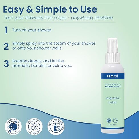 MOXE Migraine Relief Aromatherapy Shower Spray, Essential Oils for Headaches & Tension Relief, Natural 100% Essential Oils, Pure & Undiluted, Peppermint, Spearmint, Eucalyptus, Tea Tree, Made in USA in Kuwait