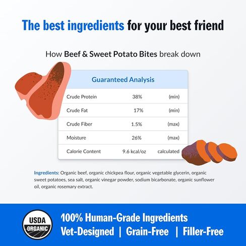 PetPlate Beef and Sweet Potato Bites, Human Grade Dog Treats, All Life Stages, Grain-Free, Organic and Real Ingredients, High Protein, Healthy Snacks (Pack of 1, 4.5 Ounce) in Saudi Arabia