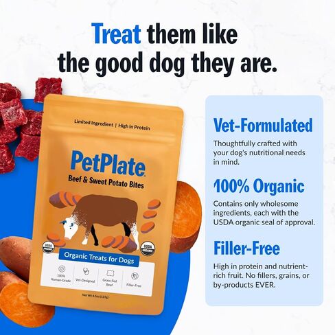 PetPlate Beef and Sweet Potato Bites, Human Grade Dog Treats, All Life Stages, Grain-Free, Organic and Real Ingredients, High Protein, Healthy Snacks (Pack of 1, 4.5 Ounce) in Saudi Arabia