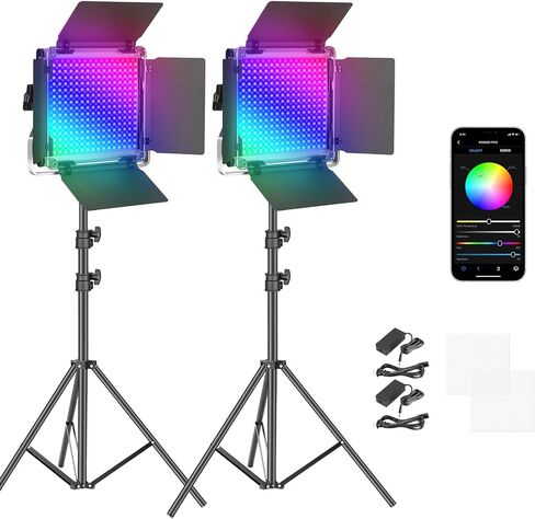 NEEWER 2 Pack PL60C RGB LED Panel Video Light Kit with 6.6ft/2m Spring Cushioned Light Stands/Bag, APP/2.4G/DMX Control, 60W 23000lux/0.5m 2500K-10000K 18 Scenes RGBCW Pro Photography Studio Lighting in Saudi Arabia
