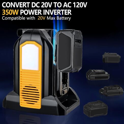 350W Portable Power Supply Inverter Power Adapter for Dewalt 20V MAX Li-ion Battery DC 20V to AC 120V Converter with AC Output, USB Port, Type-C Port, 300LM LED Light for Camping Emergency in Saudi Arabia