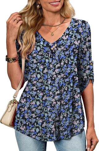 OIDUICOULD Women's Plus Size 3/4 Roll Sleeve Tops V Neck Casual Soft Blouse 1X-4X in Saudi Arabia