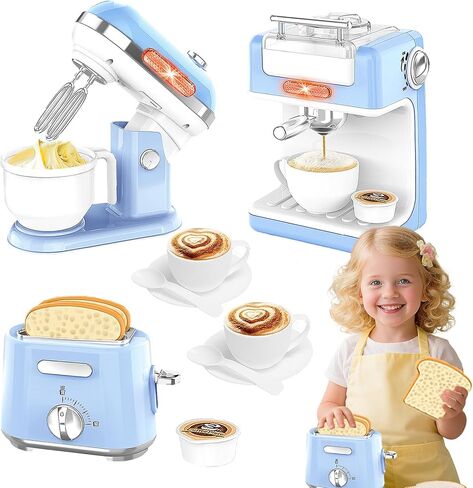 ألعاب المطبخ للأطفال، إكسسوارات المطبخ، مجموعة ألعاب أدوات المطبخ التظاهرية مع صانع القهوة، خلاط، محمصة للأطفال من سن 4 إلى 8 بنات، أزرق in Kuwait
