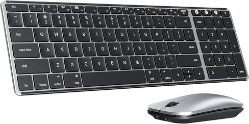 لوحة مفاتيح وماوس بلوتوث لاسلكي لجهاز Mac، لوحة مفاتيح وماوس رفيعة قابلة لإعادة الشحن متعددة الأجهزة من الفولاذ المقاوم للصدأ بالحجم الكامل، متوافق مع MacBook Pro/Air، iPad، iMac - زر توصيل رمادي in Kuwait