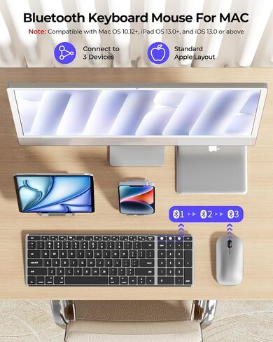 لوحة مفاتيح وماوس بلوتوث لاسلكي لجهاز Mac، لوحة مفاتيح وماوس رفيعة قابلة لإعادة الشحن متعددة الأجهزة من الفولاذ المقاوم للصدأ بالحجم الكامل، متوافق مع MacBook Pro/Air، iPad، iMac - زر توصيل رمادي in Kuwait