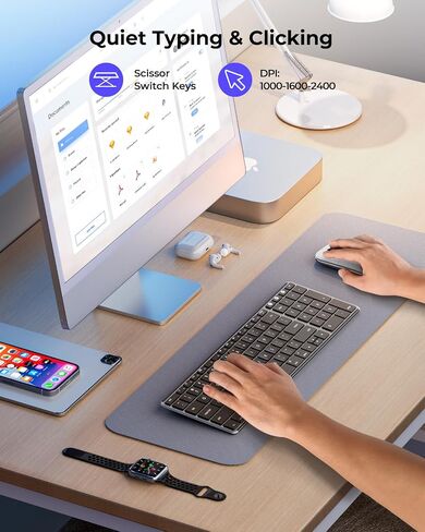 لوحة مفاتيح وماوس بلوتوث لاسلكي لجهاز Mac، لوحة مفاتيح وماوس رفيعة قابلة لإعادة الشحن متعددة الأجهزة من الفولاذ المقاوم للصدأ بالحجم الكامل، متوافق مع MacBook Pro/Air، iPad، iMac - زر توصيل رمادي in Kuwait