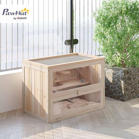 PawHut 2-Level Hamster Cage Mice and Rat House، موئل الحيوانات الصغيرة لخنازير غينيا، شنشيلا مع قمة قابلة للفتح، باب أمامي، رف وسلم، طبيعي in Kuwait