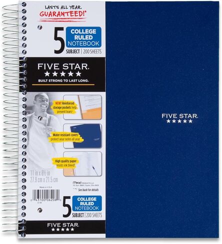 Five Star Spiral Notebooks + Study App, 6 Pack, 5 Subject, College Ruled Paper, Fights Ink Bleed, Water Resistant Cover, 8-1/2" x 11", 200 Sheets,Assorted Colors (73793) in Saudi Arabia