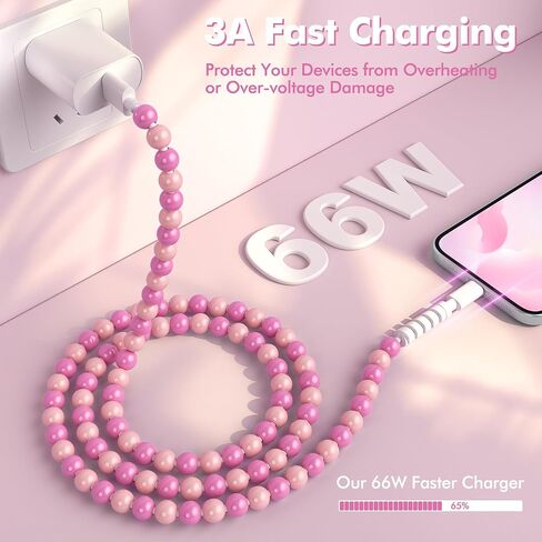 Coolden USB to USB C Cable 66W USB C Charger Cable [2M/6.6FT] Type C Charger Fast Charging Stylish & Durable Beaded Charger Cord Compatible with iPhone 16/16 Plus/16 Pro/16 Pro Max Pink in Saudi Arabia