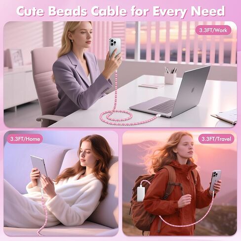 Coolden USB to USB C Cable 66W USB C Charger Cable [2M/6.6FT] Type C Charger Fast Charging Stylish & Durable Beaded Charger Cord Compatible with iPhone 16/16 Plus/16 Pro/16 Pro Max Pink in Saudi Arabia