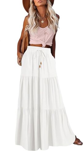 HAEOF Women's Summer Boho Elastic High Waist Maxi Skirt A-Line Flowy Swing Ruffle Tiered Long Beach Skirts with Pockets in Kuwait