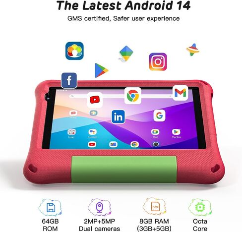 Kids Tablet Android 14 Tablet for Kids 8 Inch Octa-Core 64GB Toddler Tablet with Shockproof Case WiFi Children Learning Tablet with Parental Control, Pre-Installed KIDOZ, Yellow in Saudi Arabia