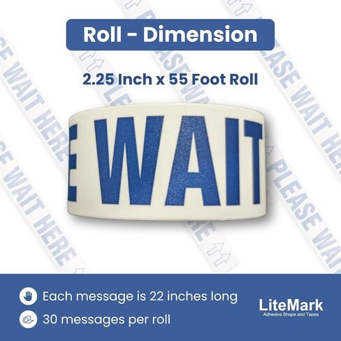 PLEASE WAIT HERE Floor Warning Tape WTP116-2.25 Inch x 55 Foot Roll (1 Roll) (30 Messages (Blue/White) in Saudi Arabia