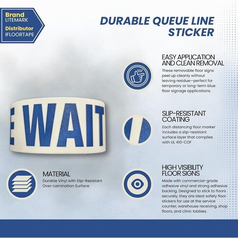 PLEASE WAIT HERE Floor Warning Tape WTP116-2.25 Inch x 55 Foot Roll (1 Roll) (30 Messages (Blue/White) in Saudi Arabia