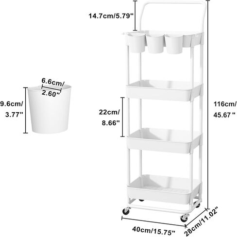 Buzowruil 4-Tier Rolling Utility Cart, Storage Cart with Handle Multi-Purpose and Locking Wheels,with Hanging Basket and Hook for Office, Kitchen, Bathroom,White in Saudi Arabia