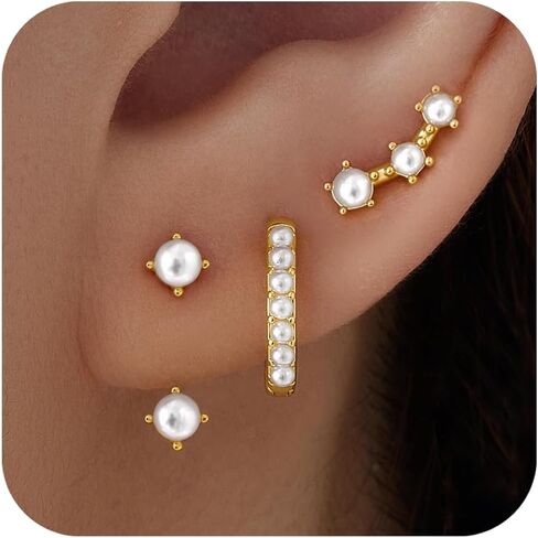 Poxtex Gold Earrings Set for Women, 14K Real Gold Cartilage Stud Huggie Jacket Earrings Set for Multiple Piercing Hypoallergenic Trendy Jewelry, Small Hoop Earrings Gifts for Women Girls in Saudi Arabia