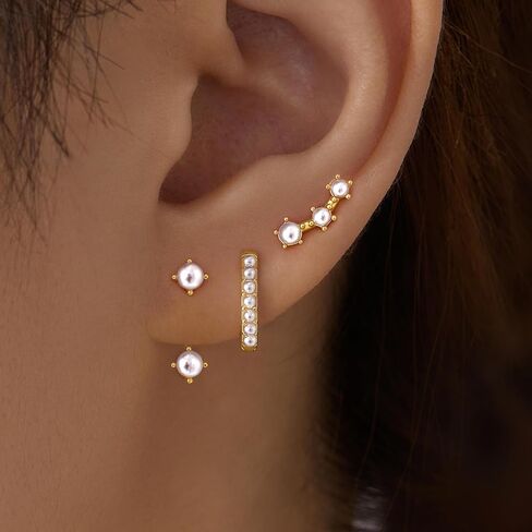 Poxtex Gold Earrings Set for Women, 14K Real Gold Cartilage Stud Huggie Jacket Earrings Set for Multiple Piercing Hypoallergenic Trendy Jewelry, Small Hoop Earrings Gifts for Women Girls in Saudi Arabia