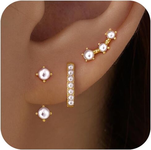 Poxtex Gold Earrings Set for Women, 14K Real Gold Cartilage Stud Huggie Jacket Earrings Set for Multiple Piercing Hypoallergenic Trendy Jewelry, Small Hoop Earrings Gifts for Women Girls in Saudi Arabia