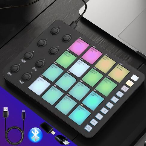 وحدة تحكم HALCONTORNO M-Wave MIDI SMC-Pad Plus - آلة صنع إيقاعات بلوتوث، لوحة مفاتيح طبلة MIDI المحمولة، بطارية 2000 مللي أمبير في الساعة، معدات استوديو لتسجيل الموسيقى في المنزل (مع محول من النوع C) in Kuwait