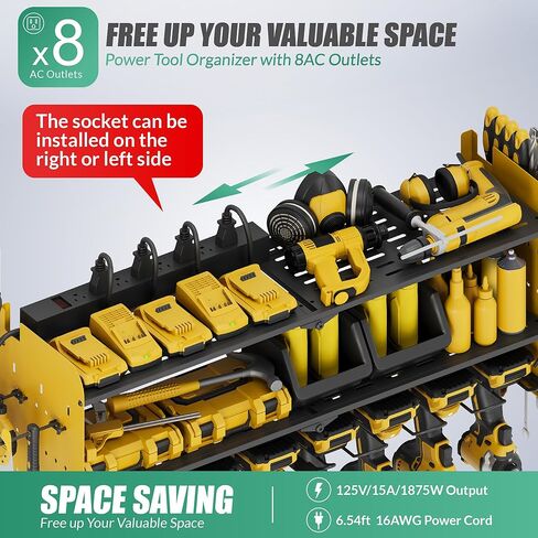 منظم أدوات الطاقة مع محطة شحن، حامل جداري للمرآب 8 مثقاب، 3 طبقات رف أدوات معدني عالي التحمل مع 8 منافذ شريط طاقة، رف أدوات للوحة مفك البراغي، أصفر in Kuwait