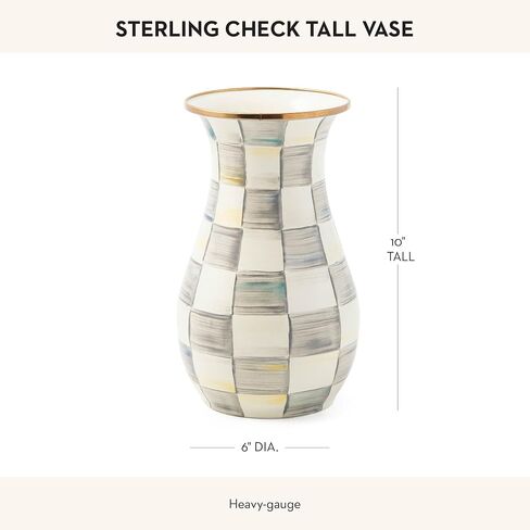 MACKENZIE-CHILDS Tall Enamel Vase, Unique Flower Vase, Decorative Table Decor for Living Room, Black-and-White Courtly Check in Saudi Arabia