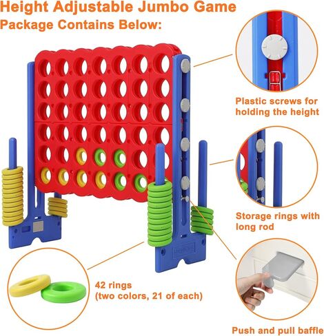 Giant 4 Connect in a Row Game, Height Adjustable Jumbo Yard Games for Kids and Adults Outdoor Play, Backyard Large Four Connect Floor Games, Patent Authorized (Blue/Red) in Saudi Arabia