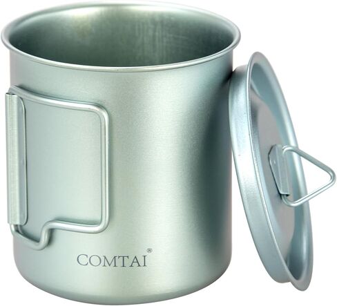 COMTAI Titanium Pot, 420ml/15 oz Mug with Lid and Foldable Handle, Outdoor Titanium Cup for Hiking Camping Cooking-Silver in Kuwait