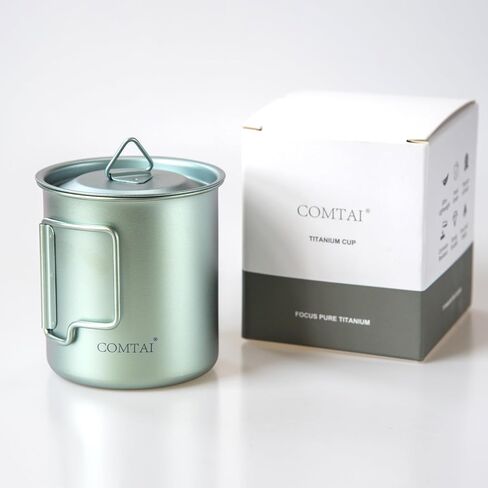 COMTAI Titanium Pot, 420ml/15 oz Mug with Lid and Foldable Handle, Outdoor Titanium Cup for Hiking Camping Cooking-Silver in Kuwait