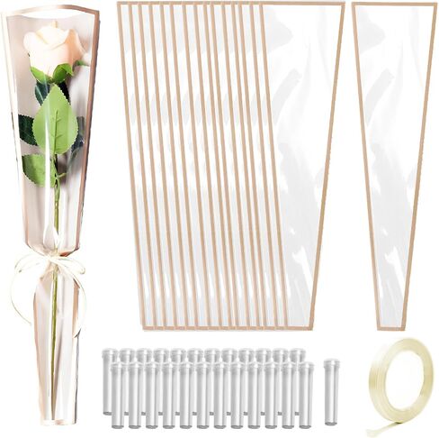 Bayurht 101 Pcs Single Rose Sleeve with Floral Water Tubes 50 Sets Single Flower Packaging Bags Single Flower Sleeve with Ribbons and Floral Water Tubes for Bouquets Wrapping (Transparent) in Saudi Arabia