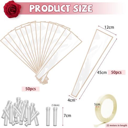 Bayurht 101 Pcs Single Rose Sleeve with Floral Water Tubes 50 Sets Single Flower Packaging Bags Single Flower Sleeve with Ribbons and Floral Water Tubes for Bouquets Wrapping (Transparent) in Saudi Arabia