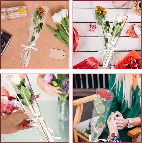 Bayurht 101 Pcs Single Rose Sleeve with Floral Water Tubes 50 Sets Single Flower Packaging Bags Single Flower Sleeve with Ribbons and Floral Water Tubes for Bouquets Wrapping (Transparent) in Saudi Arabia
