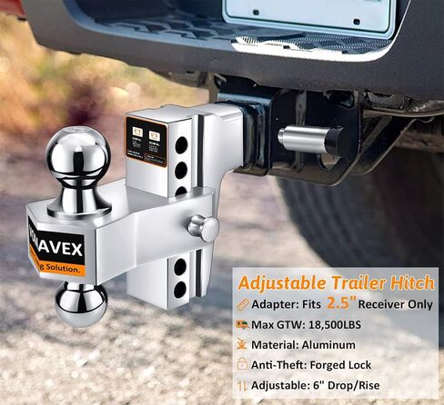 Adjustable Trailer Hitch-Drop Hitch Fits 2.5inch Receiver -6" Drop/Rise Tow Hitch with 2" and 2-5/16" Tow Balls-18500GTW with Double Anti-Theft Pins Locks, Black in Saudi Arabia