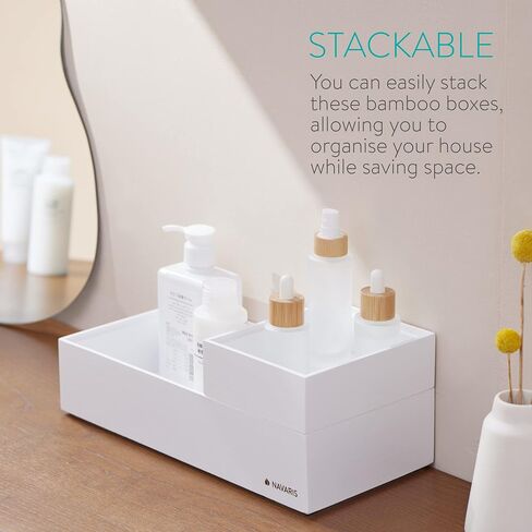 Navaris Bamboo Storage Boxes - Set of 2 Wood Stackable Box Organizers for Bedroom, Kitchen, Bathroom, Living Room, Makeup, Jewelry, Accessories in Saudi Arabia