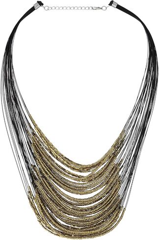 COOLSTEELANDBEYOND Bold Multi-Layer Black Necklace with Grey Black Beads, Statement Necklace Waterfall Beads Strings in Saudi Arabia
