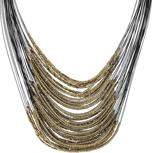 COOLSTEELANDBEYOND Bold Multi-Layer Black Necklace with Grey Black Beads, Statement Necklace Waterfall Beads Strings in Saudi Arabia